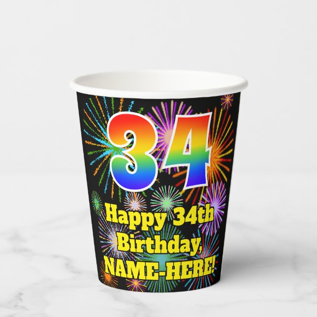 34th Birthday: Fun Fireworks Pattern + Rainbow 34 Paper Cups (Back)