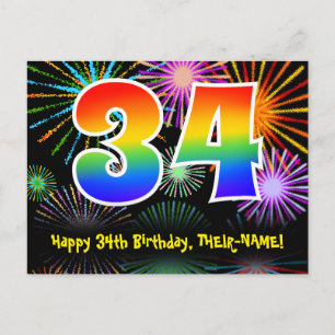 34th Birthday – Fun Fireworks Pattern + Rainbow 34 Postcard