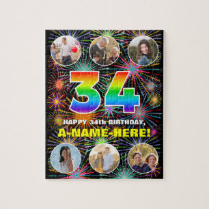 34th Birthday: Fun Rainbow #, Custom Name + Photos Jigsaw Puzzle
