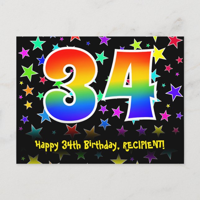 34th Birthday: Fun Stars Pattern, Rainbow 34, Name Postcard (Front)