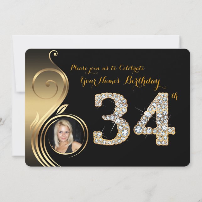 34th,Birthday Invitation,Number Diamond,Photo 2 Invitation (Front)