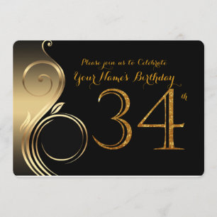 34th,Birthday Invitation,Number Glitter Gold,Photo Invitation
