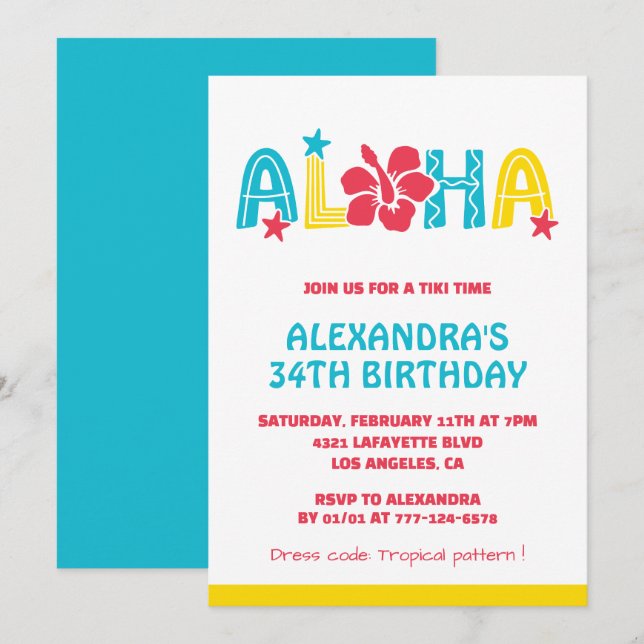 34th birthday invitations Tropical Aloha Hawaiian (Front/Back)