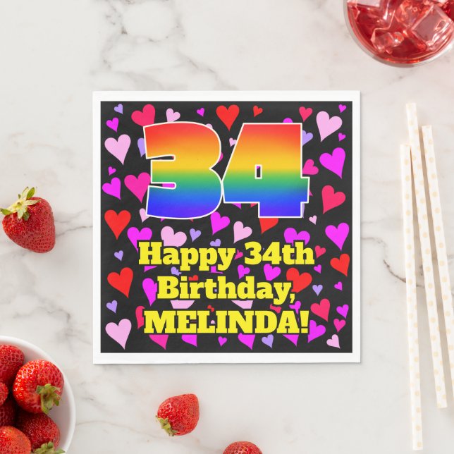 34th Birthday: Loving Hearts Pattern, Rainbow # 34 Napkin (Insitu)