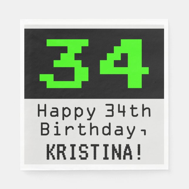 34th Birthday - Nerdy / Geeky Style "34" & Name Napkin (Front)