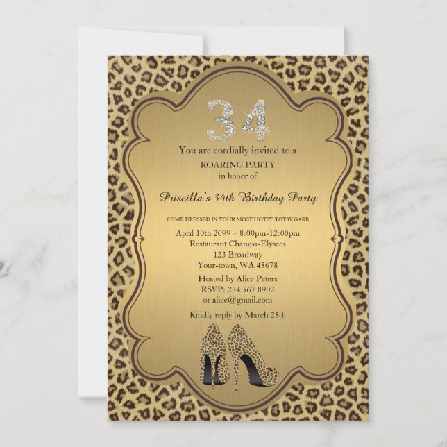 34th,Birthday Party 34th,Cheetah High Heels Shoes Invitation (Front)
