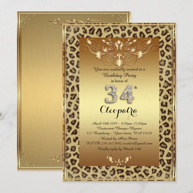 34th, Birthday Party 34th, Royal Cheetah gold plus Invitation (Front/Back)