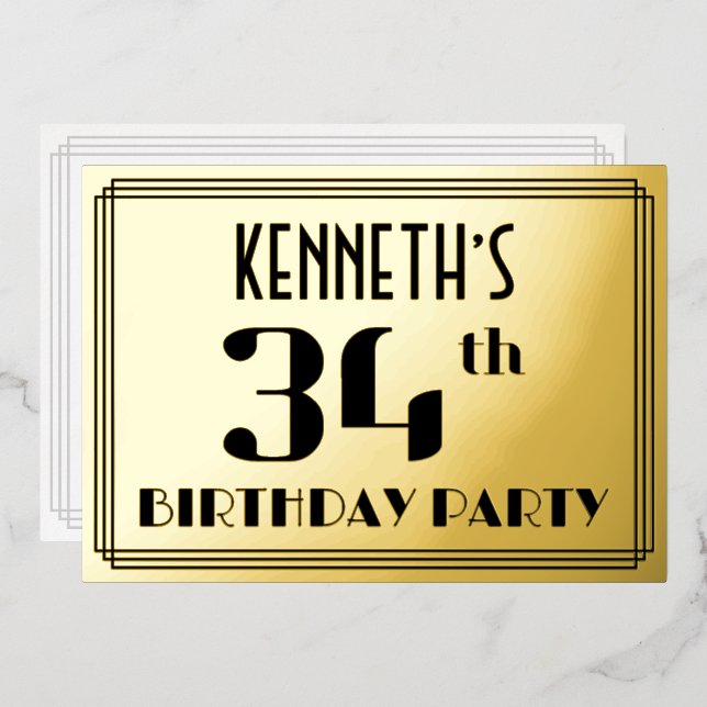 34th Birthday Party: Art Deco Look “34” and Name (Front/Back)