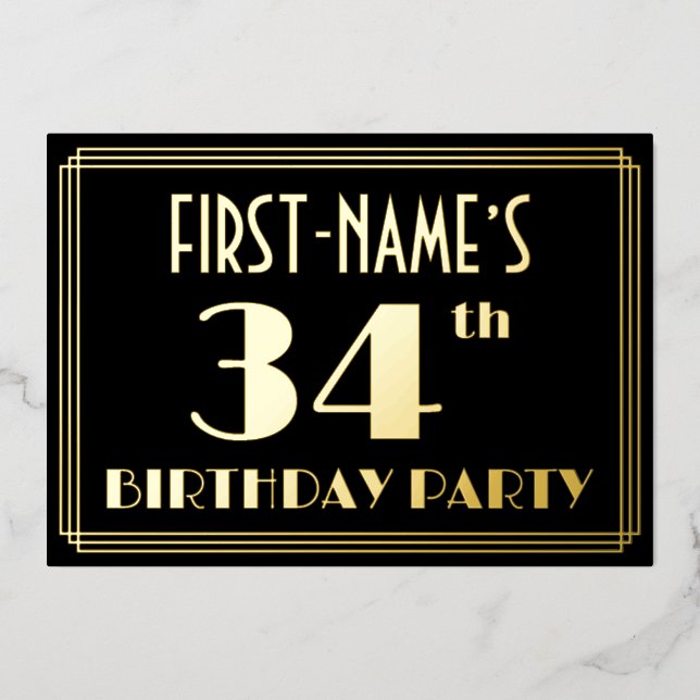 34th Birthday Party: Art Deco Look “34”, w/ Name (Front)