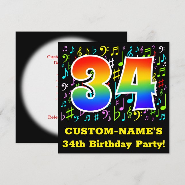 34th Birthday Party: Fun Music Symbols, Rainbow 34 Invitation (Front/Back)