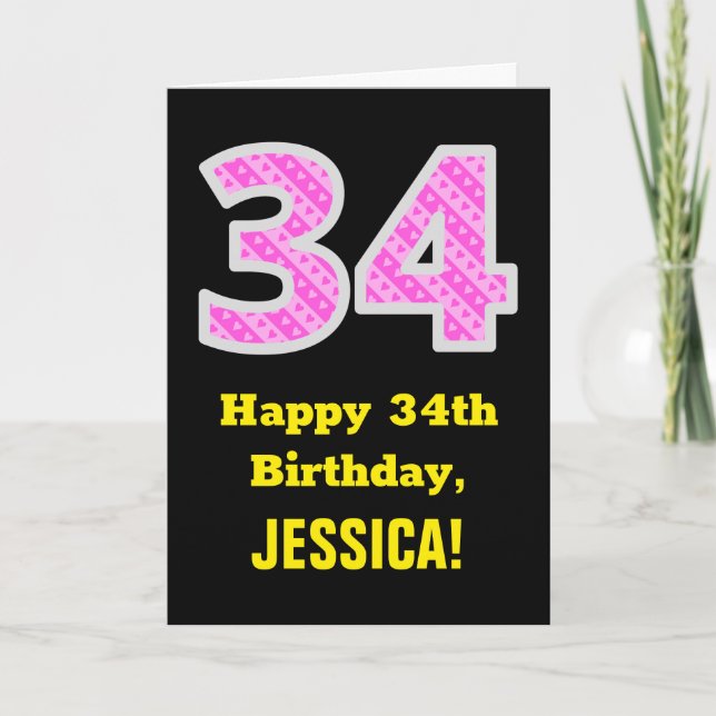 34th Birthday: Pink Stripes and Hearts "34" + Name Card (Front)