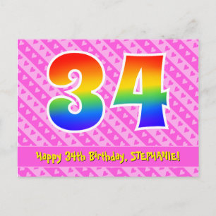 34th Birthday: Pink Stripes & Hearts, Rainbow 34 Postcard
