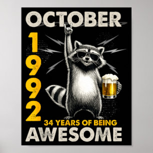 34th Birthday Raccoon Beer October 1992 Vintage 34 Poster