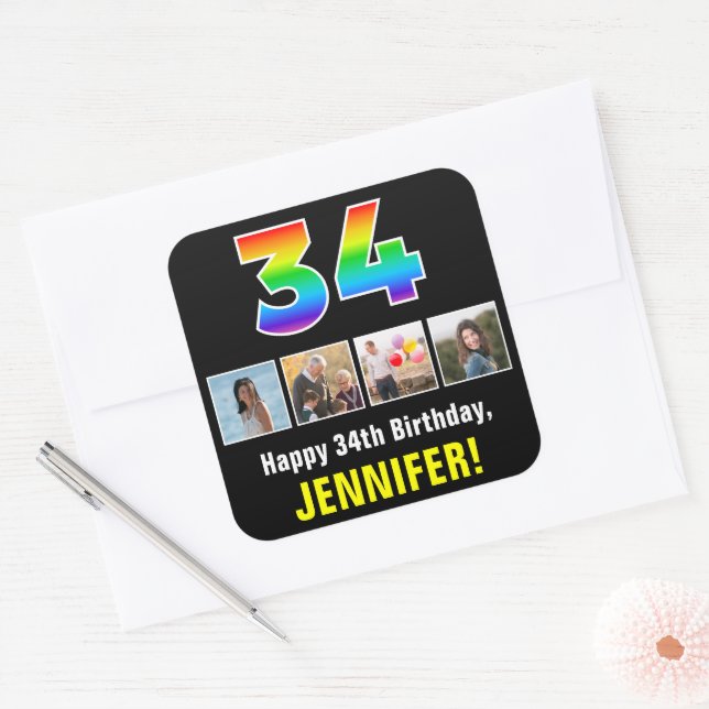 34th Birthday: Rainbow “34”; Custom Photos & Name Square Sticker (Envelope)