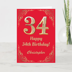34th Birthday Red and Gold Glitter Frame Card