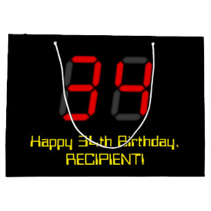 34th Birthday: Red Digital Clock Style "34" + Name Large Gift Bag