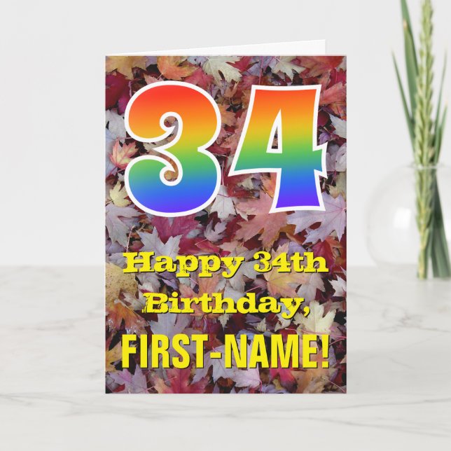 34th Birthday; Rustic Autumn Leaves; Rainbow "34" Card (Front)