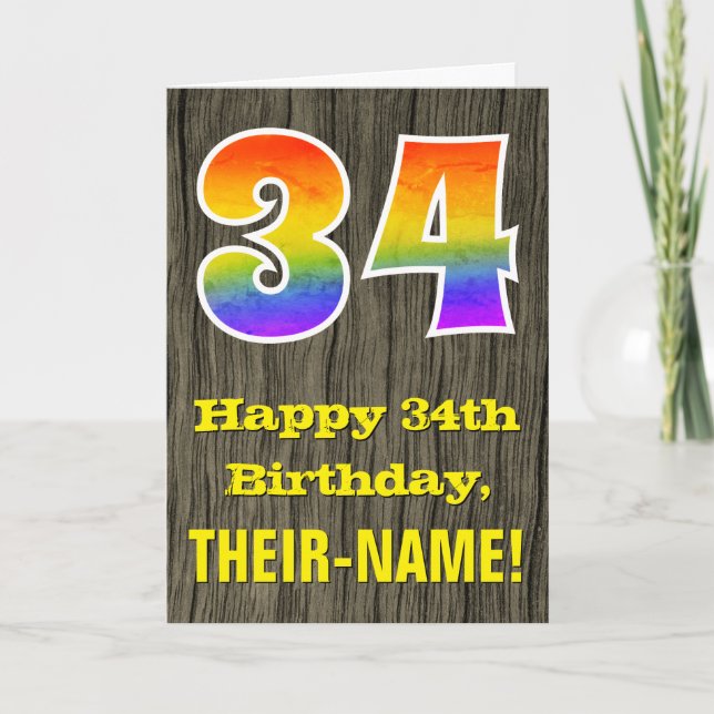 34th Birthday: Rustic Faux Wood Look, Rainbow "34" Card (Front)