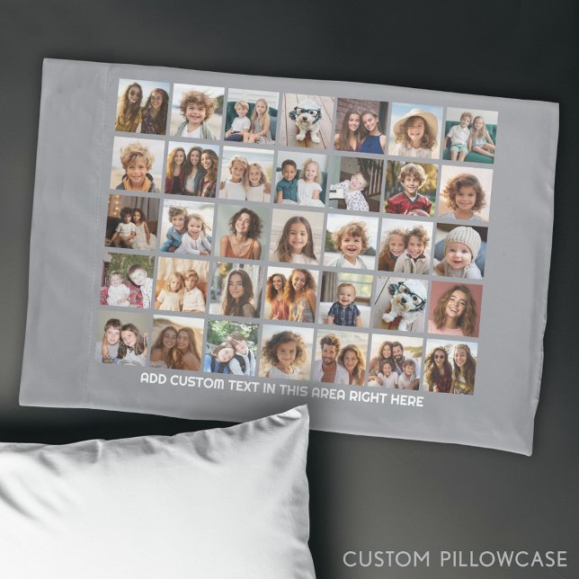 35 Photo Collage Grid - 1 Text box - grey white Pillowcase (Custom Photo Collage Pillowcase)
