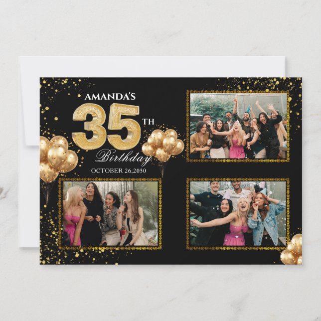 35 th Birthday Gold Silver Black Balloons Invitation (Front)