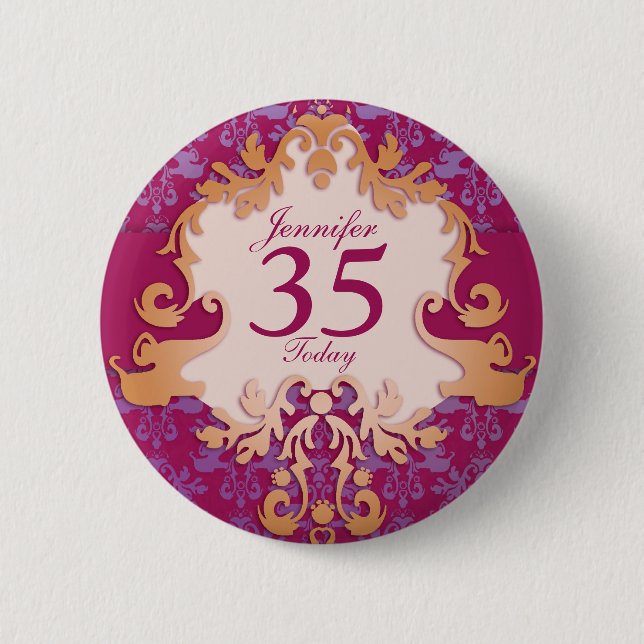 "35 Today" age name damask elephant button/badge 2 Inch Round Button (Front)