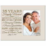 35 Years Happily Married Ivory Picture Frame<br><div class="desc">This stunning personalized photo frame is the perfect keepsake to commemorate a couple's 35th wedding anniversary. Laser engraved with the happy couple's names and the date they got married, along with a list of how many descendants they have so far, this beautiful frame is suitable to hang on a wall...</div>