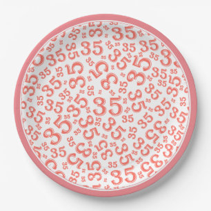 35 Years Random Number Pattern Coral/White Paper Plate