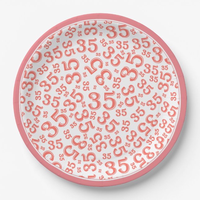 35 Years Random Number Pattern Coral/White Paper Plate (Front)