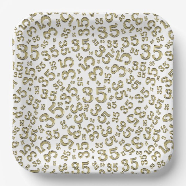 35 Years Random Number Pattern Gold/white Paper Plate (Front)