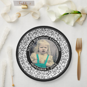 35 Your Photo Random Number Pattern Black/White Paper Plate