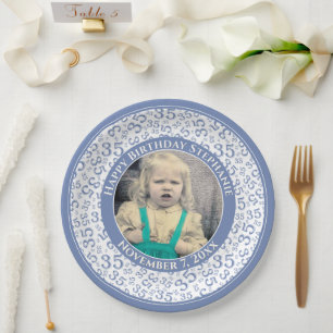 35 Your Photo Random Number Pattern Blue/White Paper Plate