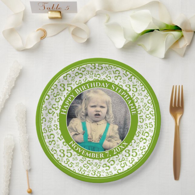 35 Your Photo Random Number Pattern Green/White Paper Plate (Wedding)