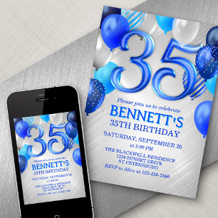 35e anniversaire Ballons Bleus Invitation