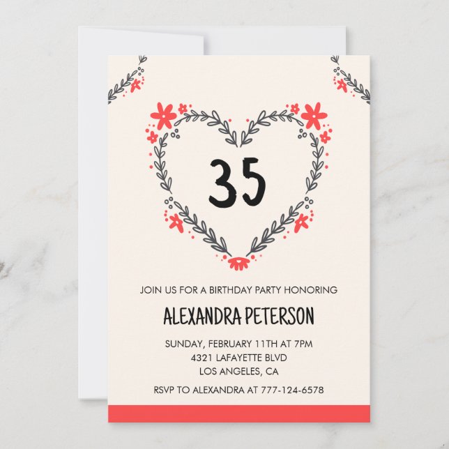 35e anniversaire invitations coeur floral (Devant)