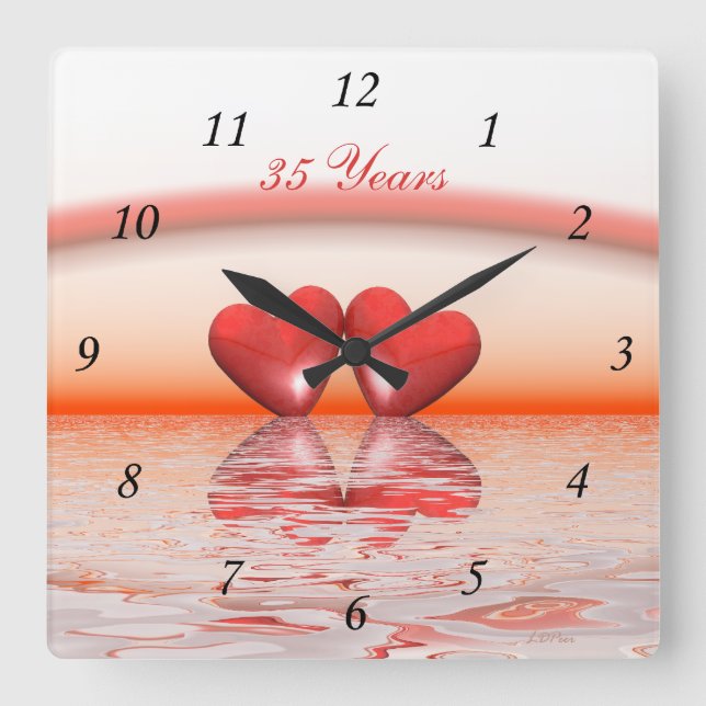 35th Anniversary Coral Hearts Square Wall Clock (Front)