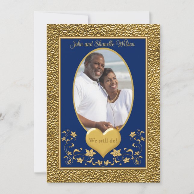 35th Anniversary, Gold Heart Invitation - Navy (Front)