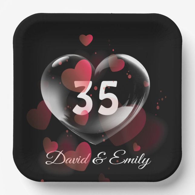 35th Anniversary Heart Bubble With Red Hearts Paper Plate (Front)