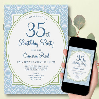 35th Birthday Adult Any Age Modern Stylish Blue Invitation