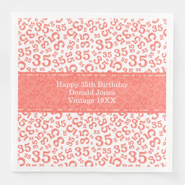 35th Birthday Age Number Pattern Coral/White Napkin (Front)