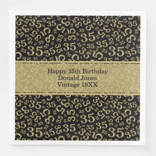 35th Birthday Age Number Pattern Gold/White Napkin (Front)