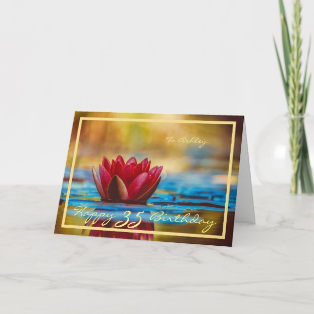 35th Birthday Ashley Red Waterlily Gold Frame Chic Card (Front)