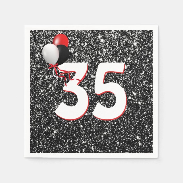 35th Birthday Balloons on Black Glitter Napkins (Front)