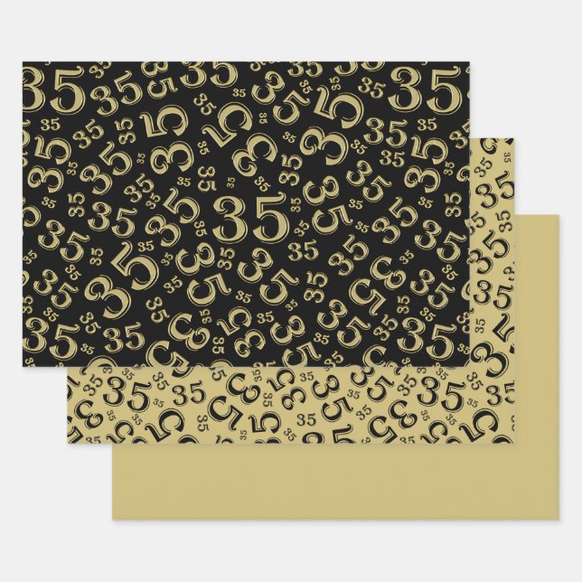 35th Birthday Black/Gold Random Number Pattern 35 Wrapping Paper Sheet (Set)