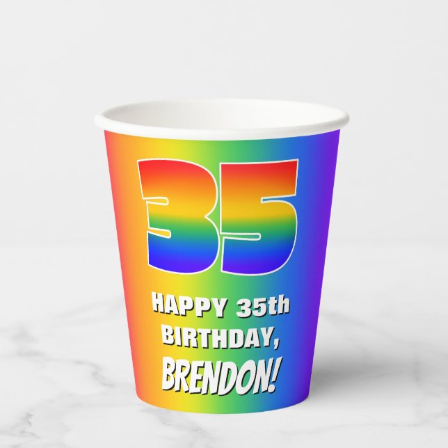 35th Birthday: Colorful, Fun Rainbow Pattern # 35 Paper Cups (Front)