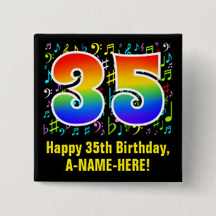 35th Birthday: Colorful Music Symbols, Rainbow 35 2 Inch Square Button
