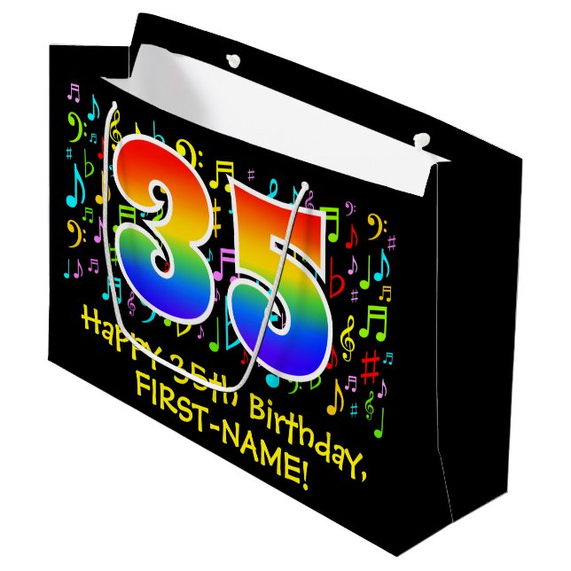 35th Birthday - Colourful Music Symbols, Rainbow 3 Large Gift Bag (Front Angled)