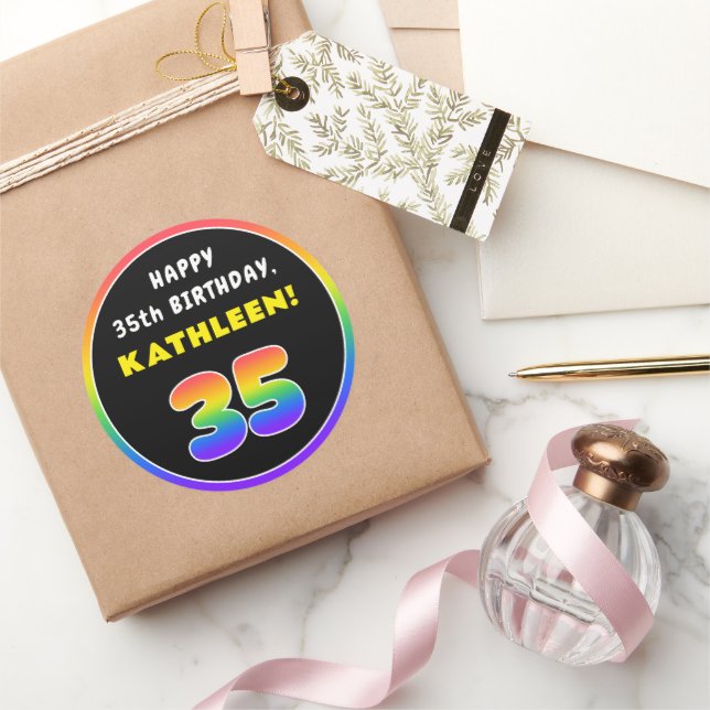 35th Birthday: Colourful Rainbow # 35, Custom Name Classic Round Sticker (Gifting)