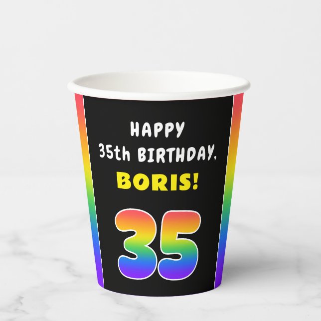35th Birthday: Colourful Rainbow # 35, Custom Name Paper Cups (Front)