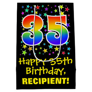 35th Birthday: Colourful Stars Pattern & Rainbow 3 Medium Gift Bag