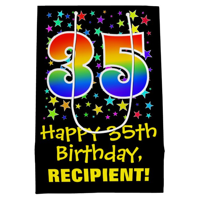 35th Birthday: Colourful Stars Pattern & Rainbow 3 Medium Gift Bag (Back)